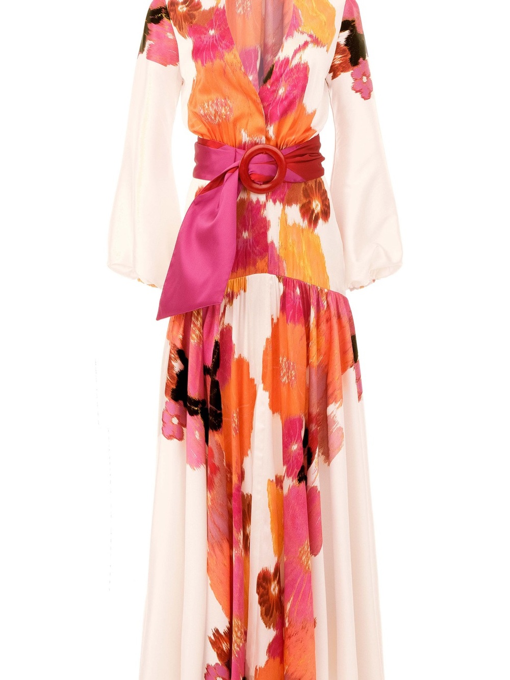 Silvia Tcherassi Pink and Orange Floral Silk Maxi Dress with Sash
